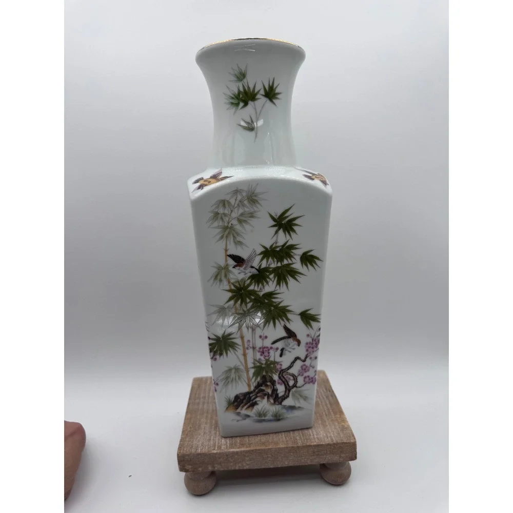 Satsuki Japan Porcelain Vase Vintage Bamboo Birds Cherry Blossom Gold Rim